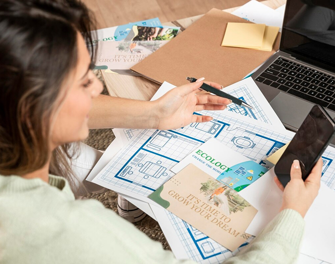 Close-up of a woman holding a phone at her desk — offshore customer service role